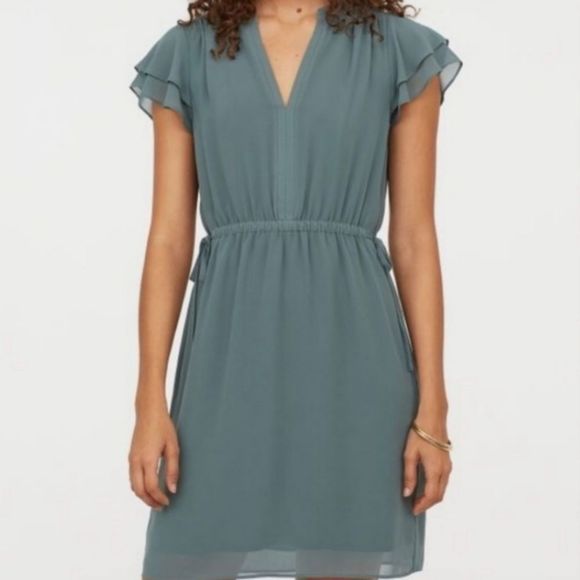 H&M Dresses Hm Sage Green Short Flutter Sleeve Cinch Tie Waist Crepe Drop Waist Mini Dress